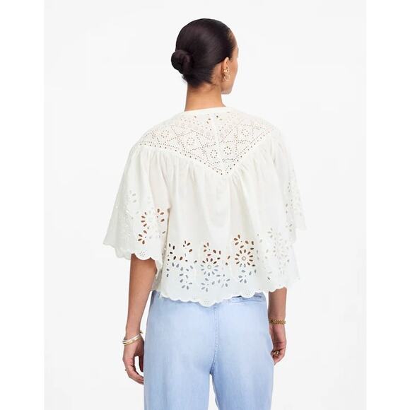 Madewell White Embroidered Shirred Henley Eyelet Top NWT Size S - Picture 3 of 9